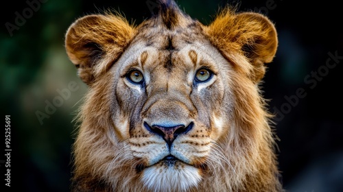  A tight shot of a lion's face with a softly blurred background of trees