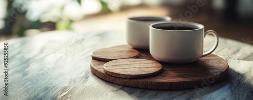 Two cups of coffee on wooden coasters,  sitting on a light table. photo