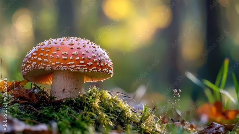 A tight shot of a mushroom emerging from moss on a forest floor, surrounded by towering trees in the distance A tight shot of a mushroom emerging from moss on a forest floor, surrounded by towering trees in the distance