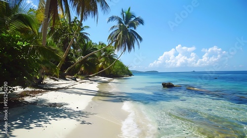 Caribbean location with a white sand shoreline coco hands and a blue water