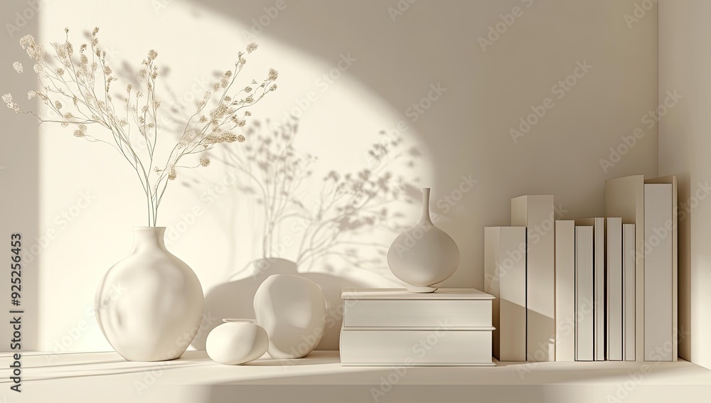 White vase, dried flowers, and geometric objects. White vase, dried flowers, and geometric objects.