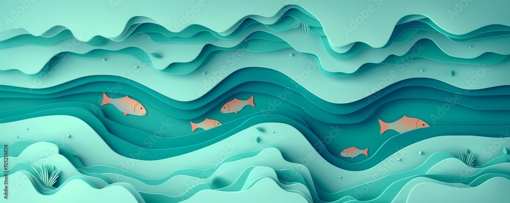 Fototapeta premium Abstract pond with colorful fish in tranquil water and layered shapes