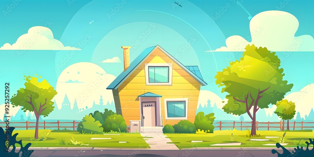 Cartoon Illustration of a Yellow House with Green Trees and Blue Sky Cartoon Illustration of a Yellow House with Green Trees and Blue Sky