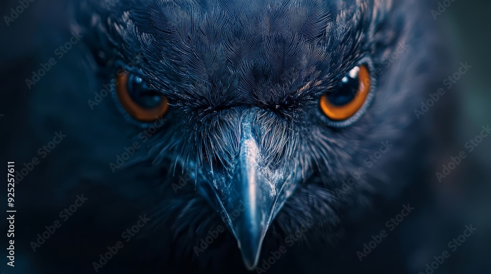 A tight shot of an orange-eyed bird's face against an backdrop of its head A tight shot of an orange-eyed bird's face against an backdrop of its head