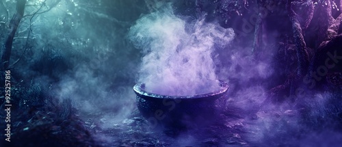 A cauldron steaming with purple and blue smoke in a mystical forest.