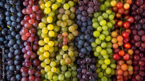 Closeup view of colorful grape clusters arranged in vertical rows. AI generated images.