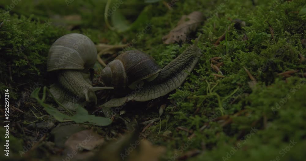 Close up slow motion of two snails on green moss. Close up slow motion of two snails on green moss.