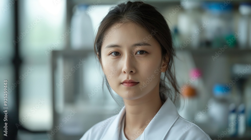 A female scientist is seen in a laboratory setting, looking directly at the camera with a neutral facial expression and wearing a lab coat. A female scientist is seen in a laboratory setting, looking directly at the camera with a neutral facial expression and wearing a lab coat.