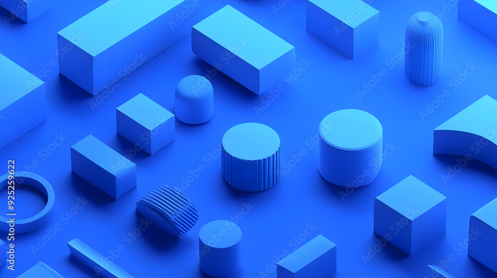 A collection of geometric shapes in various sizes and textures, illuminated in blue light. A collection of geometric shapes in various sizes and textures, illuminated in blue light.