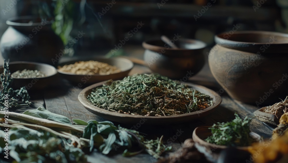 Dried herbs in bowls on a wooden table. Dried herbs in bowls on a wooden table.