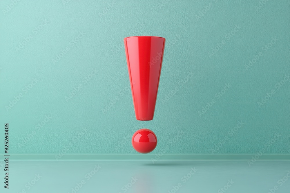 3D red exclamation mark symbol on teal background representing alert or caution. 3D red exclamation mark symbol on teal background representing alert or caution.
