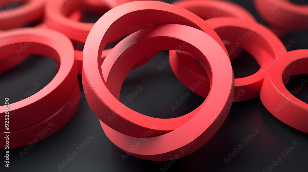 A collection of interlocking red rings on a dark surface, showcasing design and texture.