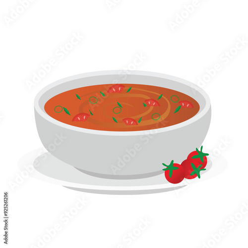 Tomato soup with greens,cream soup,vegetable soup,vector illustration.