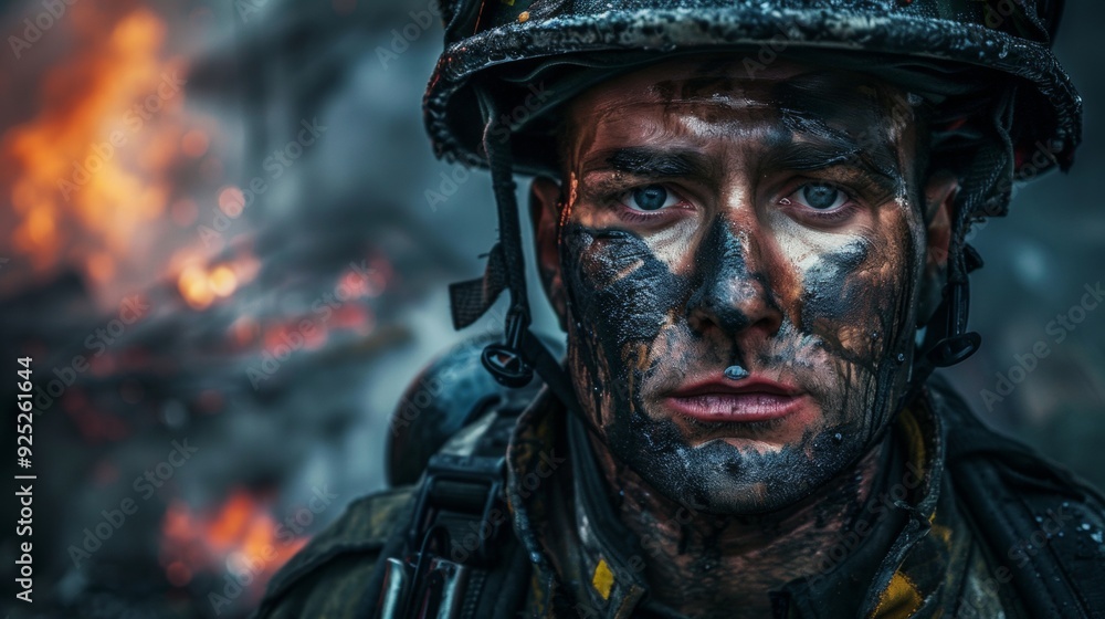 portrait of a male firefighter with a fire in the background portrait of a male firefighter with a fire in the background
