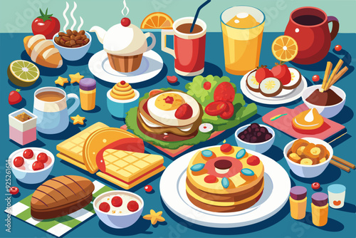 Breakfast food and drink types collection vector