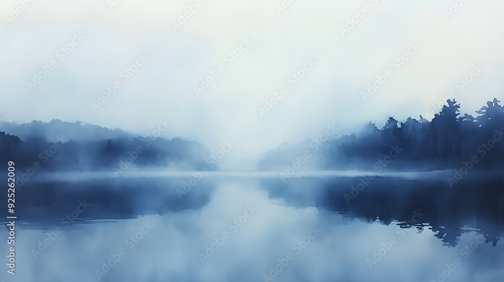 Fototapeta premium A serene lake shrouded in mist with trees reflecting in the water, creating a tranquil and ethereal atmosphere.