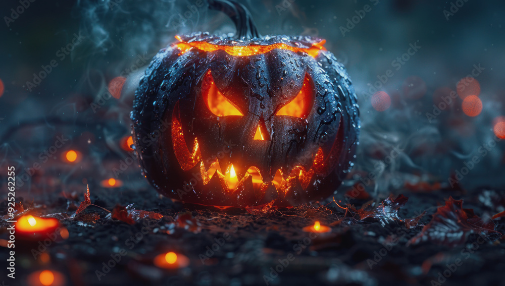 Halloween pumpkin with carved face glowing in the darkness, glowing eyes and teeth, Halloween night Halloween pumpkin with carved face glowing in the darkness, glowing eyes and teeth, Halloween night