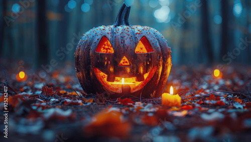 Halloween pumpkin with carved face glowing in the darkness, glowing eyes and teeth, Halloween night photo