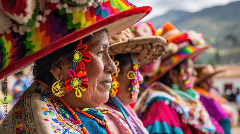 Obraz premium Colorful traditional attire worn by women in Andean culture, featuring vibrant hats and intricate accessories during a cultural celebration.