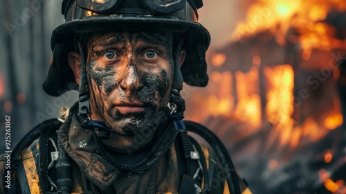 portrait of a male firefighter with a fire in the background