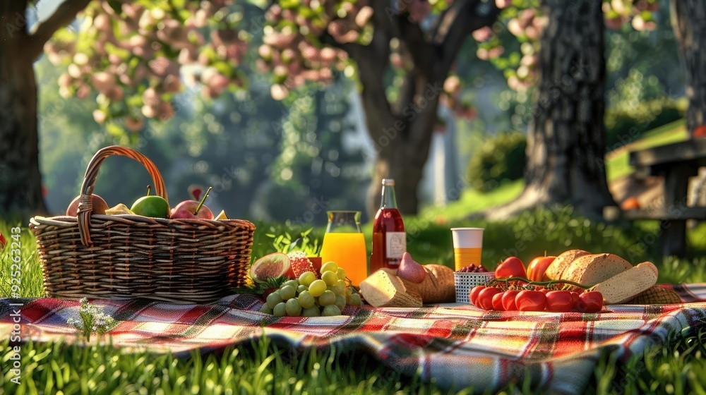 Enjoy a vibrant picnic scene with fresh fruits, drinks, and a cozy blanket under blooming trees in the sunlit park.