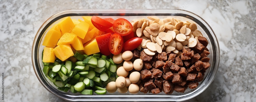 The concept of healthy food for pets - healthy meal bowl featuring vegetables and meat for nutritious dining experience The concept of healthy food for pets - healthy meal bowl featuring vegetables and meat for nutritious dining experience