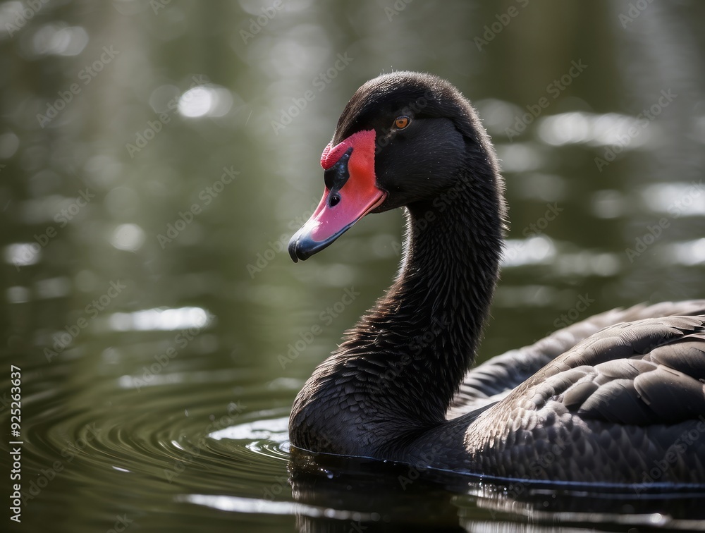 Obraz premium Black Swan with Red Beak and Eye on Water