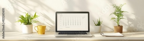 Open laptop with calendar app on the screen, Monday morning, scheduling and planning