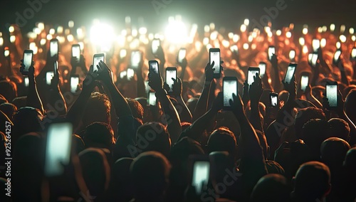 Silhouetted crowd at concert holding up phones. photo