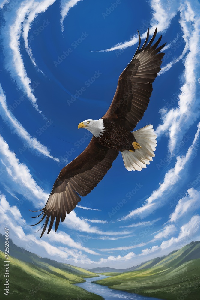 Fototapeta premium Bald Eagle Flying in Blue Sky, Real Photo, Pattern Background, Wallpaper, Cover and Screen for Smartphone, Cell Phone, Computer, Laptop