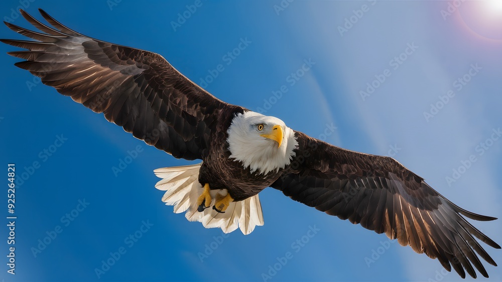 Obraz premium Bald Eagle Flying in Blue Sky, Real Photo, Pattern Background, Wallpaper, Cover and Screen for Smartphone, Cell Phone, Computer, Laptop