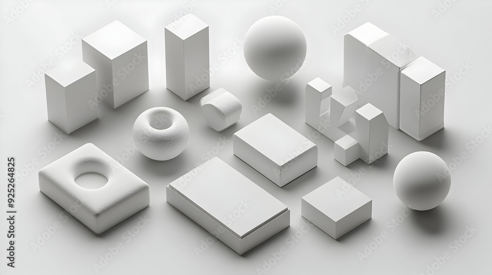 A collection of various white geometric shapes arranged artistically on a surface. A collection of various white geometric shapes arranged artistically on a surface.