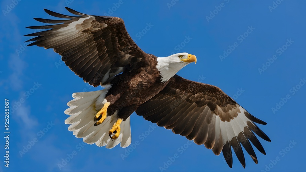 Fototapeta premium Bald Eagle Flying in Blue Sky, Real Photo, Pattern Background, Wallpaper, Cover and Screen for Smartphone, Cell Phone, Computer, Laptop