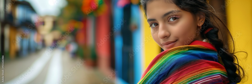 A woman with a brightly colored shawl wrapped around her shoulders smiling warmly on a vibrant and colorful street setting. A woman with a brightly colored shawl wrapped around her shoulders smiling warmly on a vibrant and colorful street setting.