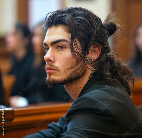 A thoughtful young man with long hair tied in a bun is attentively listening in a courtroom setting, Ideal for legal, educational, or professional themes, photo