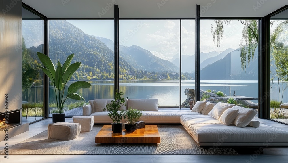 Fototapeta premium Modern living room overlooking a lake and mountains.