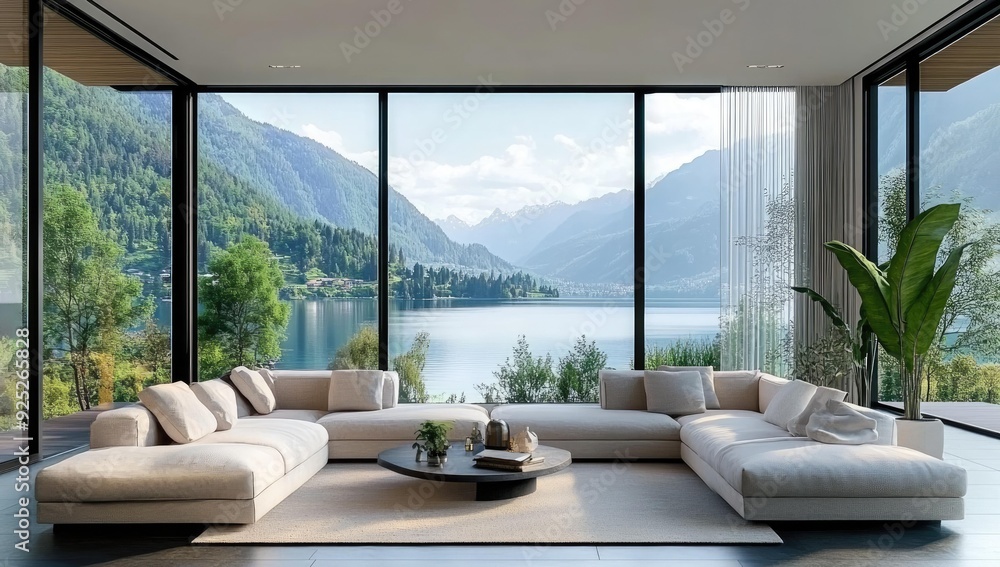 Fototapeta premium Modern living room with lake and mountain view.