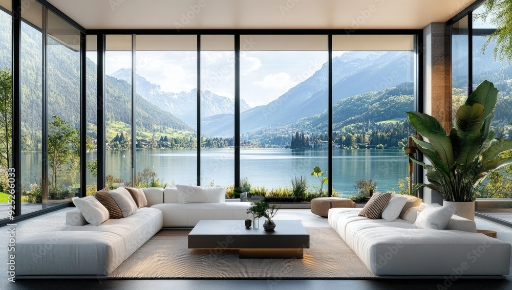 Fototapeta premium Modern living room with lake and mountain view.