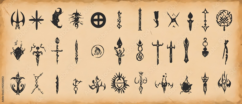 Collection of hand-drawn symbols on parchment background. Collection of hand-drawn symbols on parchment background.