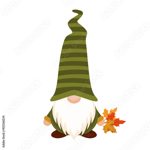 Autumn gnome in green striped cap. Magic harvest character with yellow leaf in hand in hat covering his eyes with white beard as festive scandinavian symbol of fantasy