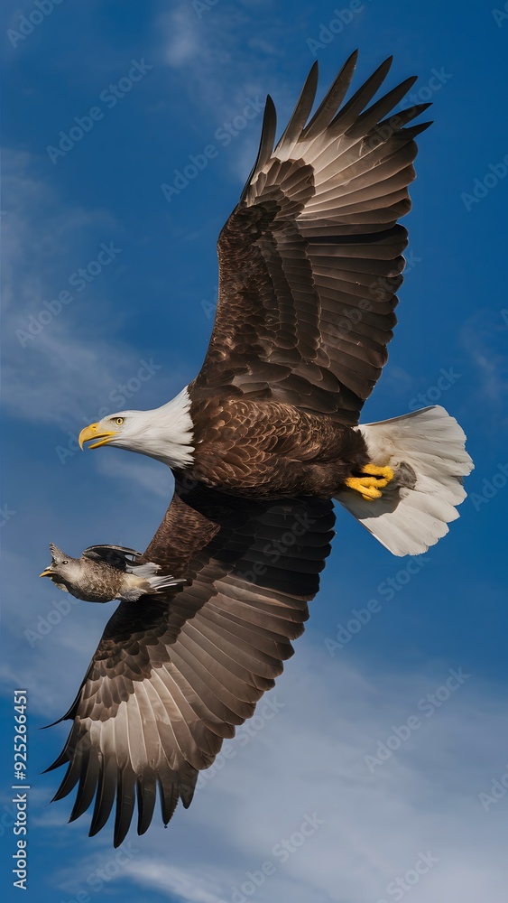 Bald Eagle Flying in Blue Sky with Prey in Talons, Real Photo, Pattern Background, Wallpaper, Cover and Screen for Smartphone, Cell Phone, Computer, Laptop