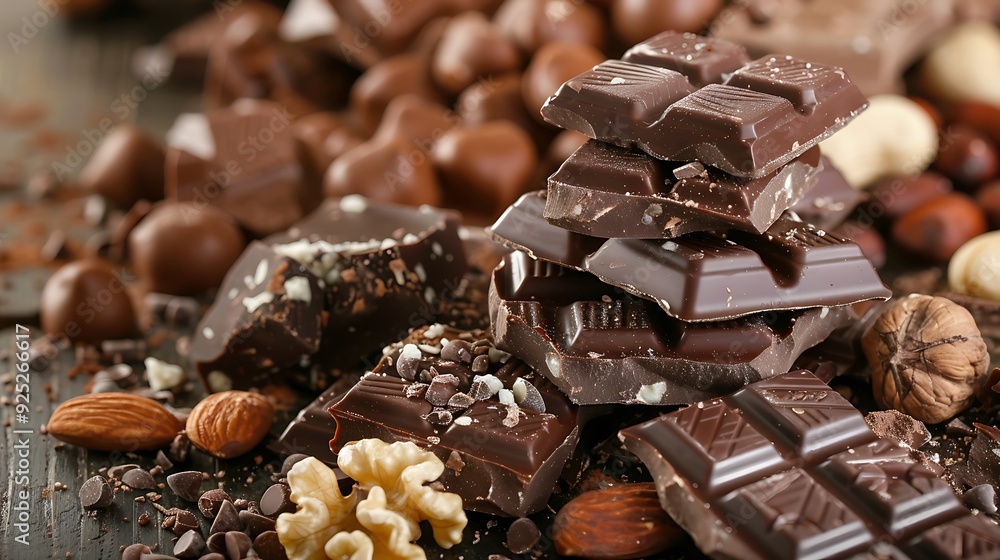 Chocolate nuts and dusted chocolate are piled high on a table Chocolate nuts and dusted chocolate are piled high on a table
