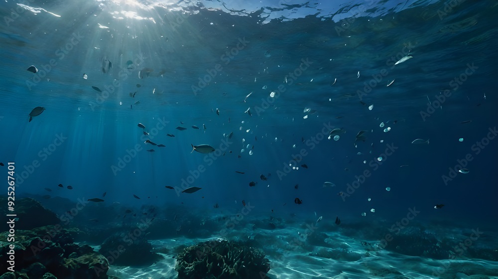 Fototapeta premium Underwater Sea Scene of coral reef, Sunlight shining undersea background 