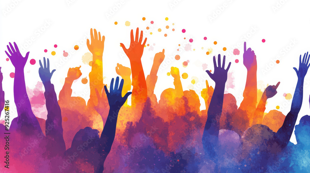 Cheering crowd at a concert. People raising hand at the concert on white background. Cheering crowd at a concert. People raising hand at the concert on white background.