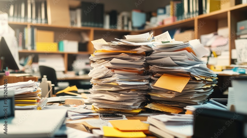 A chaotic office environment with stacks of papers and folders toppling off a crowded desk, cluttered workspace. A chaotic office environment with stacks of papers and folders toppling off a crowded desk, cluttered workspace.