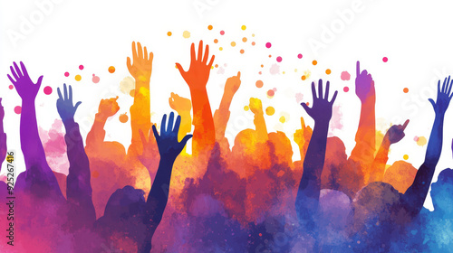 Cheering crowd at a concert. People raising hand at the concert on white background.