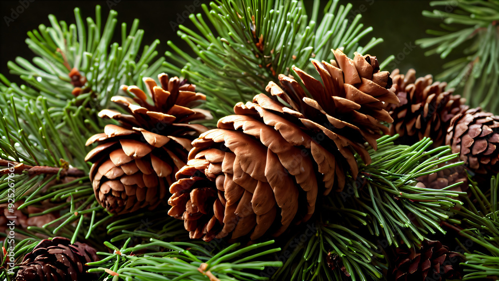 Symmetry of nature: Ornamental conical shape of pine cones in organic textures with winter shades for a holiday landscape. Symmetry of nature: Ornamental conical shape of pine cones in organic textures with winter shades for a holiday landscape.