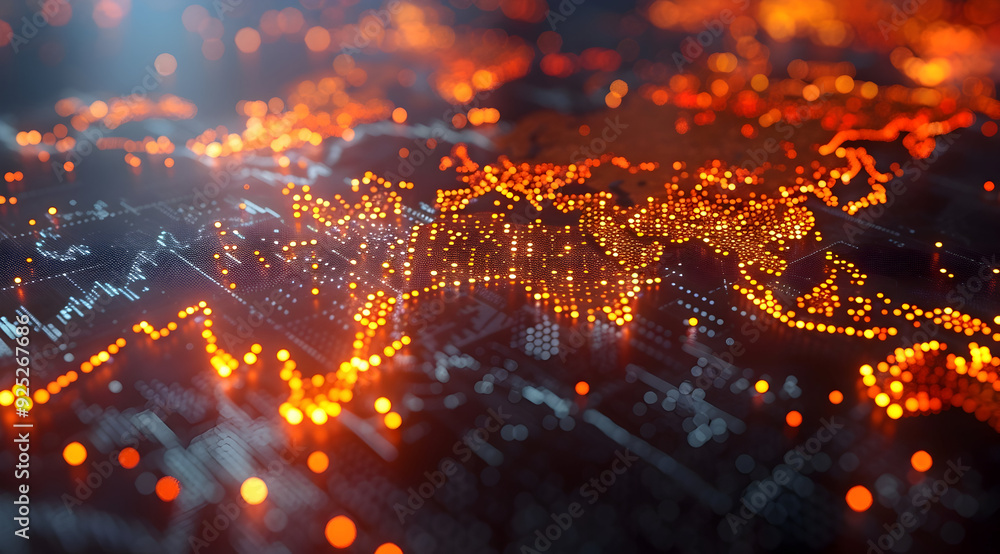 Abstract 3D World Map with Orange Lights Illustration Abstract 3D World Map with Orange Lights Illustration