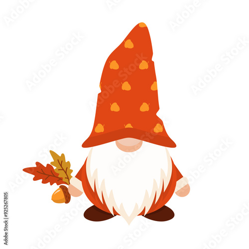 Autumn gnome in orange long cap with acorn. Cute harvest character with yellow leaf in hand in hat covering his eyes with white beard as festive scandinavian symbol of wealth