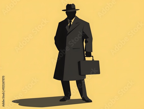 Silhouette of a man in a suit and hat, holding a briefcase.